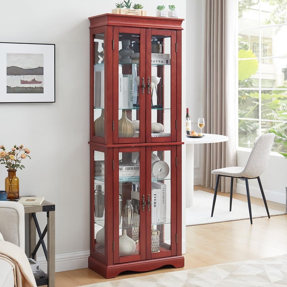 ya 28 10.13 baidi For Living Room Cherry Lighted Glass Curio Cabinet ¨C Wood Frame, Bulb Inclu