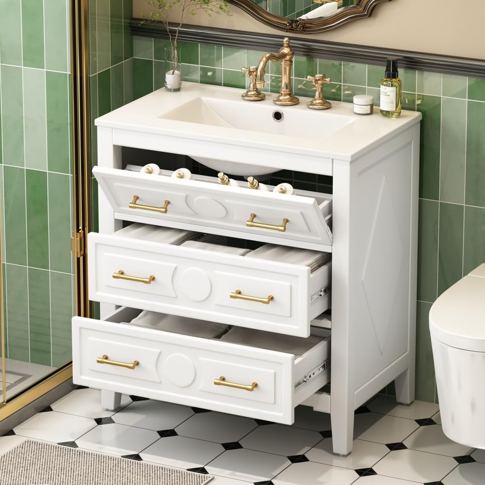 ya 28 10.13 baidi 30'' Bathroom Vanity w/Ceramic Sink Combo 3 Drawers, Solid Wood Storage, Wh