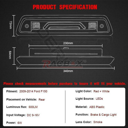 ya 7 8.24 baidi Smoke Lens LED 3RD Third Brake Tail Light Cargo Lamp For 2009-2014 for Ford F-150 US