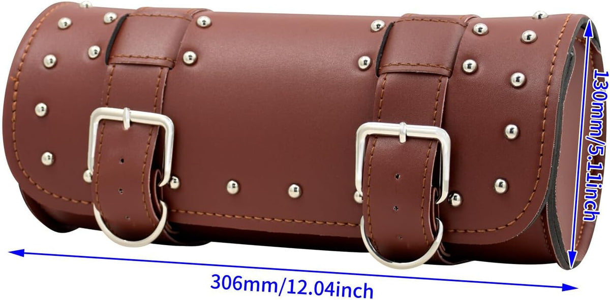 ya 11 9.14 baidiMotorcycle Brown Handlebar Sissy Bar Bag Saddlebag Fork Roll Barrel Bag w/Nails