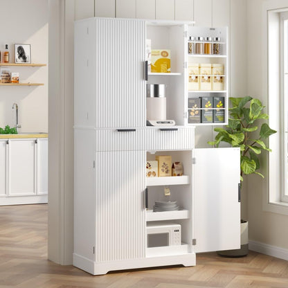 ya 28 10.13 baidi 72 Fluted Kitchen Pantry Cabinet White - Freestanding, 3 Keyboard Drawers
