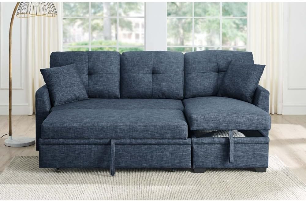 ya 28 10.13 baidi 76.5 Linen Blend Sectional Sofa Blue w/Pull-Out Bed Chaise Storage