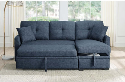 ya 28 10.13 baidi 76.5 Linen Blend Sectional Sofa Blue w/Pull-Out Bed Chaise Storage