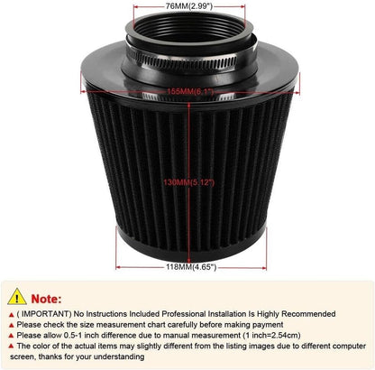 ya 13 9.15 baidi 3 76mm High Flow Inlet Cold Air Intake Cone Replacement Dry Air Filter Black