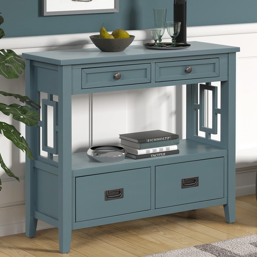 ya 28 10.13 baidi Blue 36'' Pine Wood Console Table - Entry Sofa Table, 4 Drawers for Entrywa