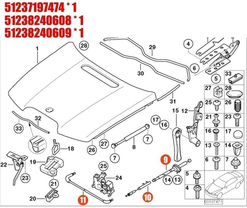 ya 10 9.16 baidi for BMW E65 E66 7er 3PCS Engine Hood Release Cable Bowden Cable Kit