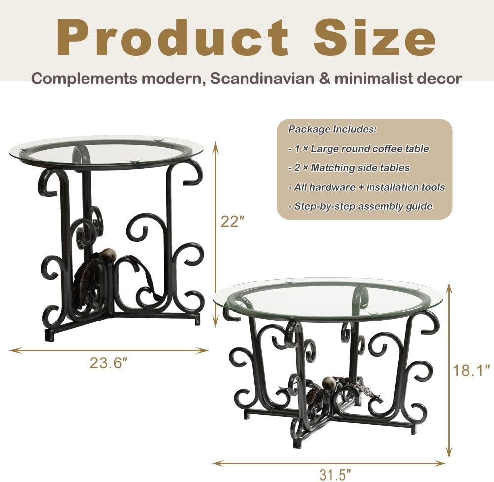 ya 28 10.13 baidi 3-Piece Black Coffee Table Set-Tempered Glass/Metal Frame,1 Coffee+2 End Ta