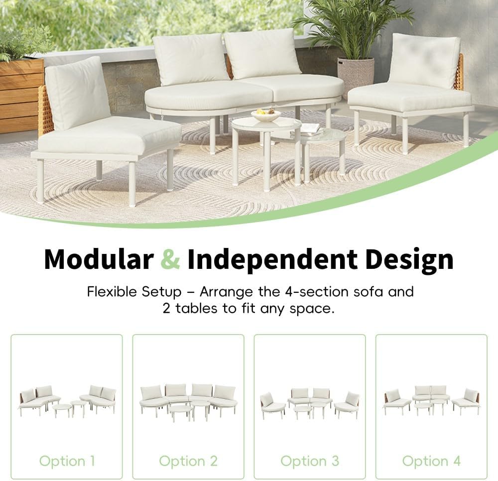 ya 28 10.13 baidi 6-Piece Patio Wicker Sofa Set Beige - 2 -Low Coffee Tables,Tempered Glass
