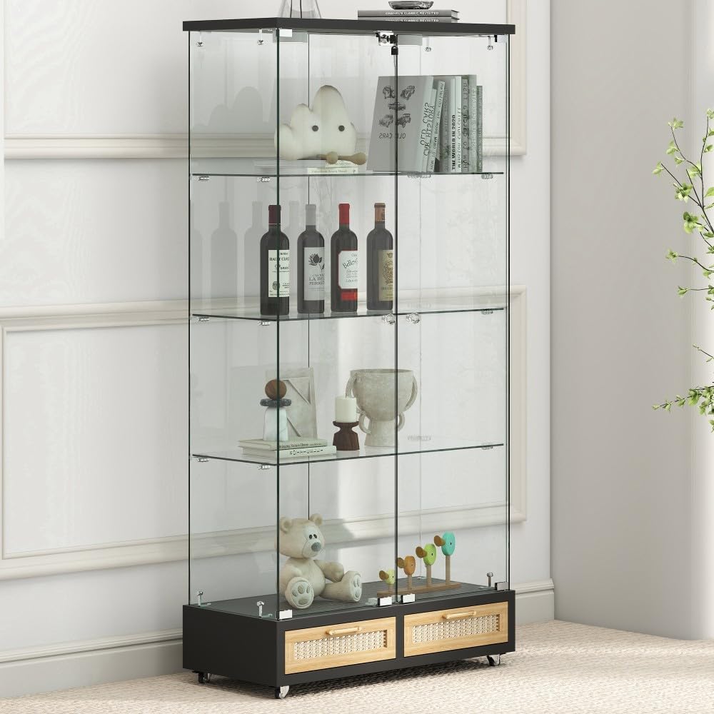 ya 28 10.13 baidi Modern Glass Display Cabinet Black- LED Lights, 2- 4 Shelves, Large Drawers