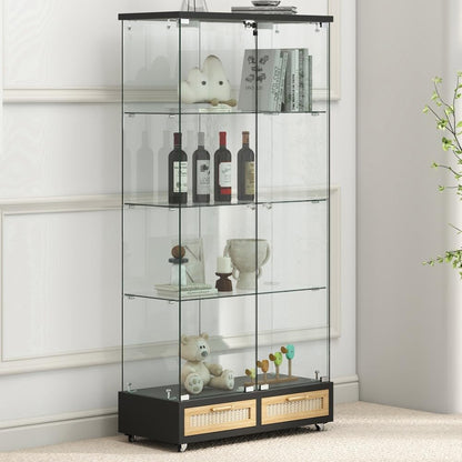 ya 28 10.13 baidi Modern Glass Display Cabinet Black- LED Lights, 2- 4 Shelves, Large Drawers