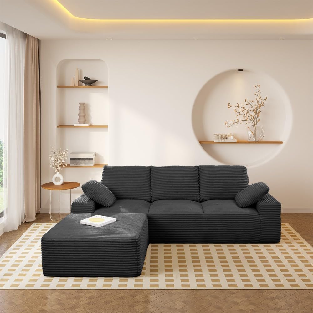 ya 28 10.13 baidi Plush Corduroy 103.5 Cloud Sectional Black - L-Shape Chaise,No Assembly
