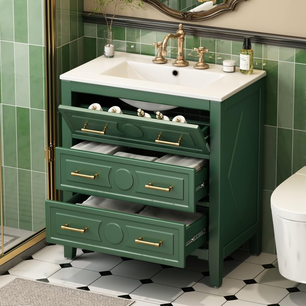 ya 28 10.13 baidi 30'' Bathroom Vanity w/Ceramic Sink - 3 Drawers,Solid Wood Storage Cabinet