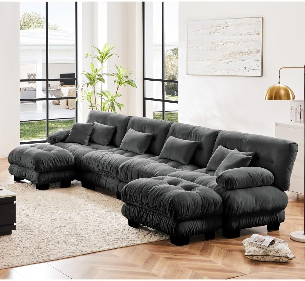 ya 28 10.13 baidi Chenille Modular Sofa Gray,4-Seater Cloud Couch + 2 Ottomans, Combination