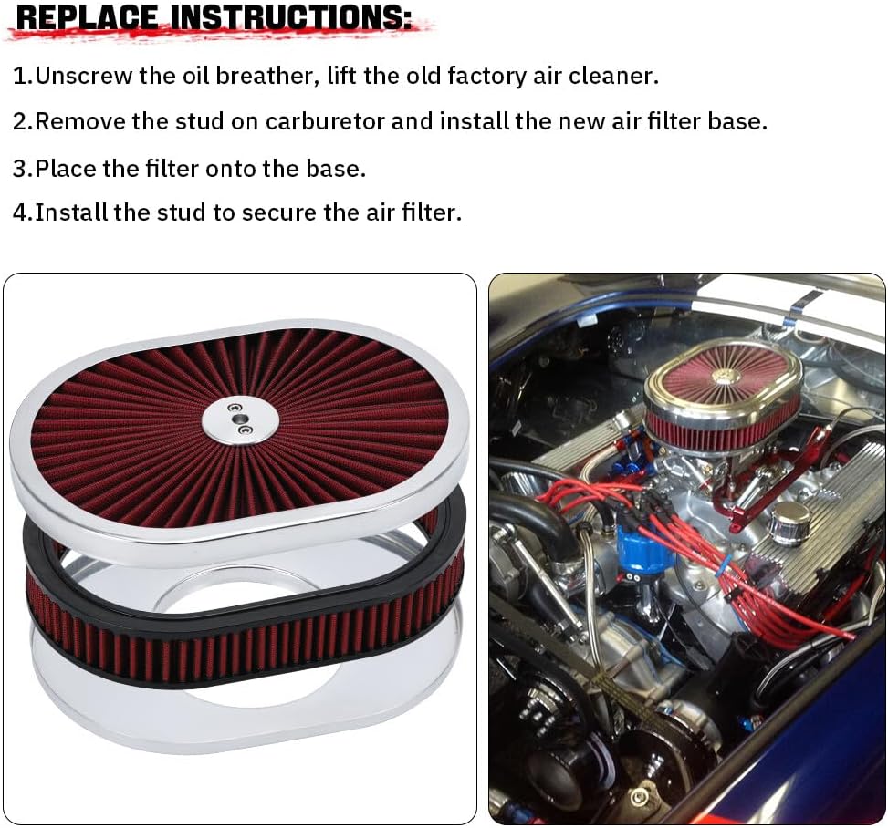 ya 5 8.24 baidi RED 12 Oval Flow Thru Hot Rod Air Cleaner Washable SBC BBC for Chevy for Ford