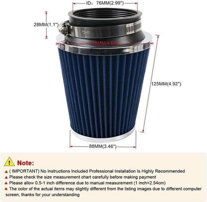ya 13 9.15 baidi Blue 3 76mm High Flow Inlet Dry Air Filter Cold Air Intake Cone Replacement