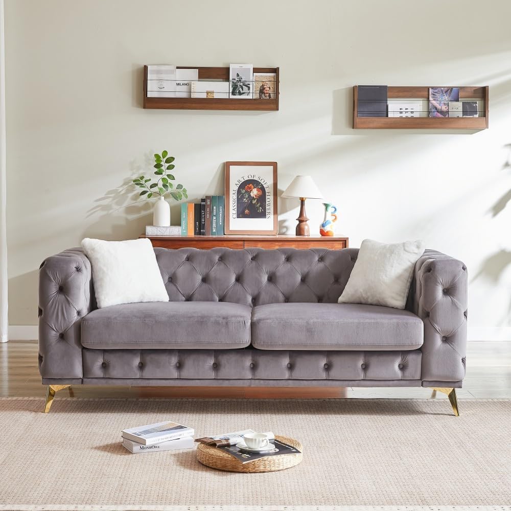 ya 28 10.13 baidi 82.5-inch Deluxe Grey Velvet Sofa - Chesterfield Tufted Buttons, 2 Pillows