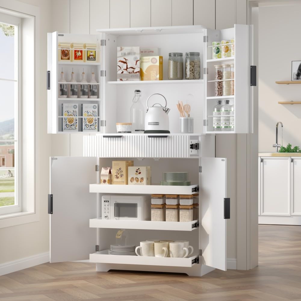 ya 28 10.13 baidi 72 Fluted Kitchen Pantry Cabinet White - Freestanding, 3 Keyboard Drawers