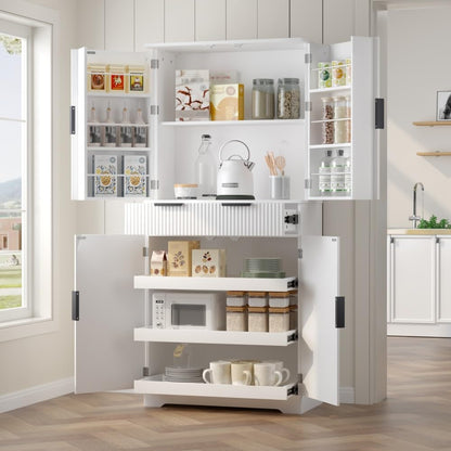 ya 28 10.13 baidi 72 Fluted Kitchen Pantry Cabinet White - Freestanding, 3 Keyboard Drawers
