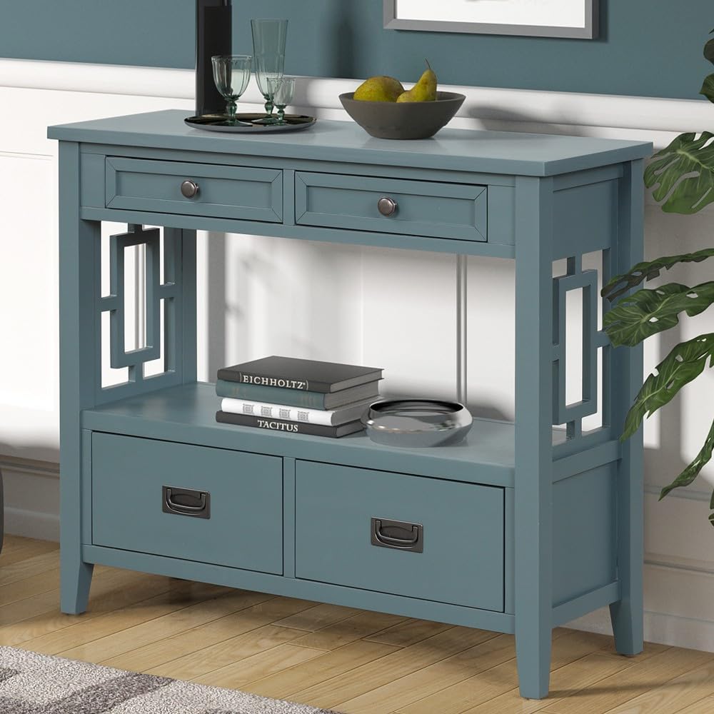 ya 28 10.13 baidi Blue 36'' Pine Wood Console Table - Entry Sofa Table, 4 Drawers for Entrywa