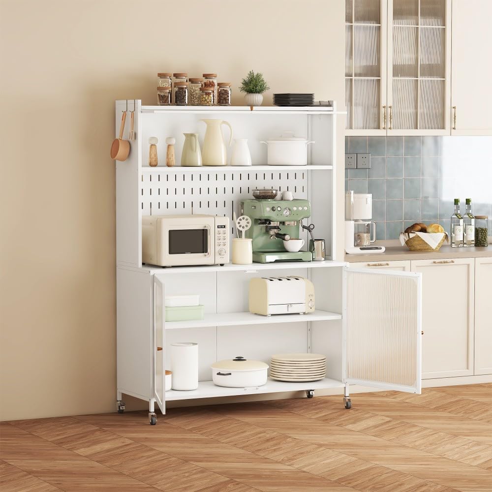 ya 28 10.13 baidi Kitchen Pantry Cabinet White - Tall Storage Glass Doors, Adjustable Shelves