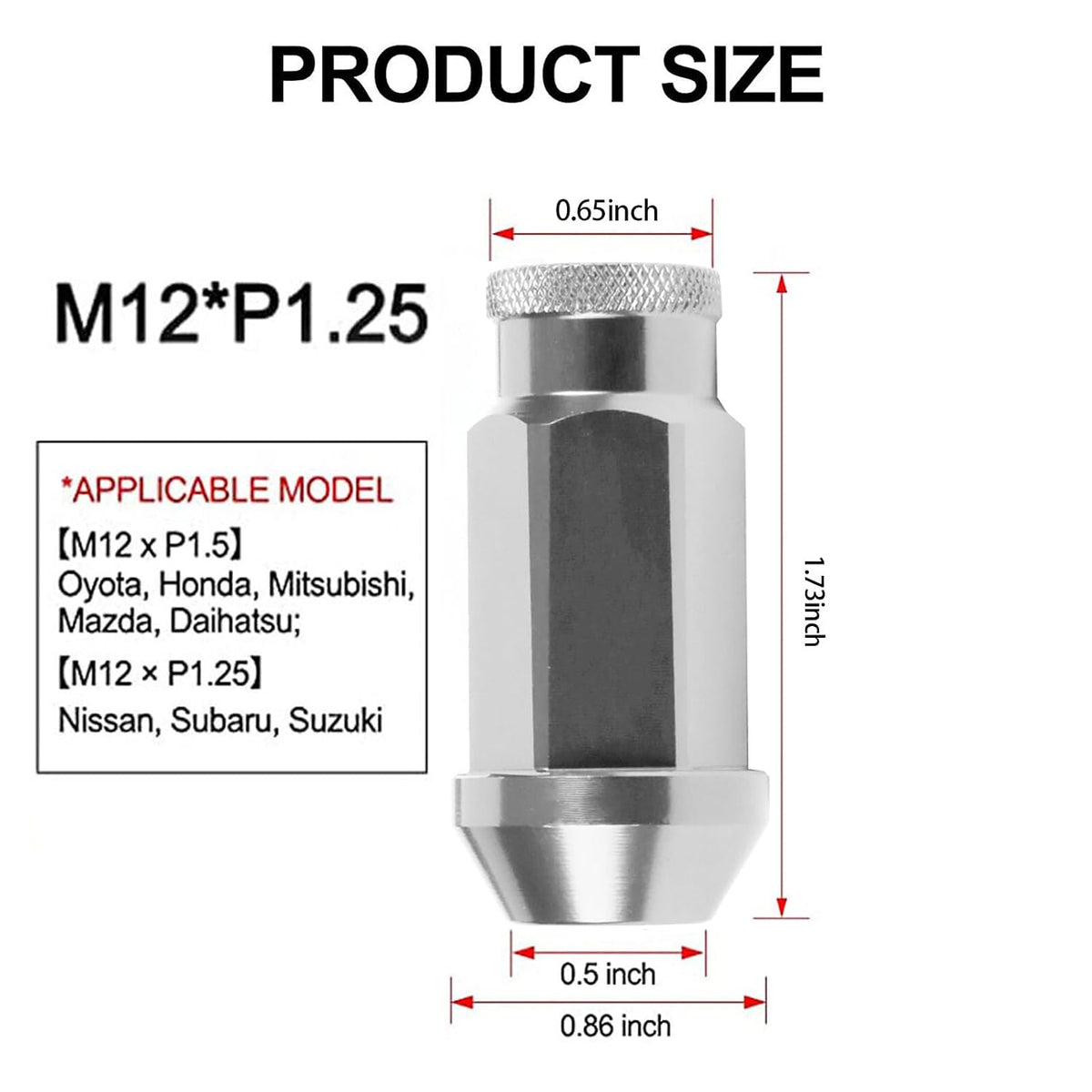 ya 10 9.16 baidi for Toyota M12x1.25 for Honda Extended Open End Steel Wheel Lug Nuts 20pcs Silver