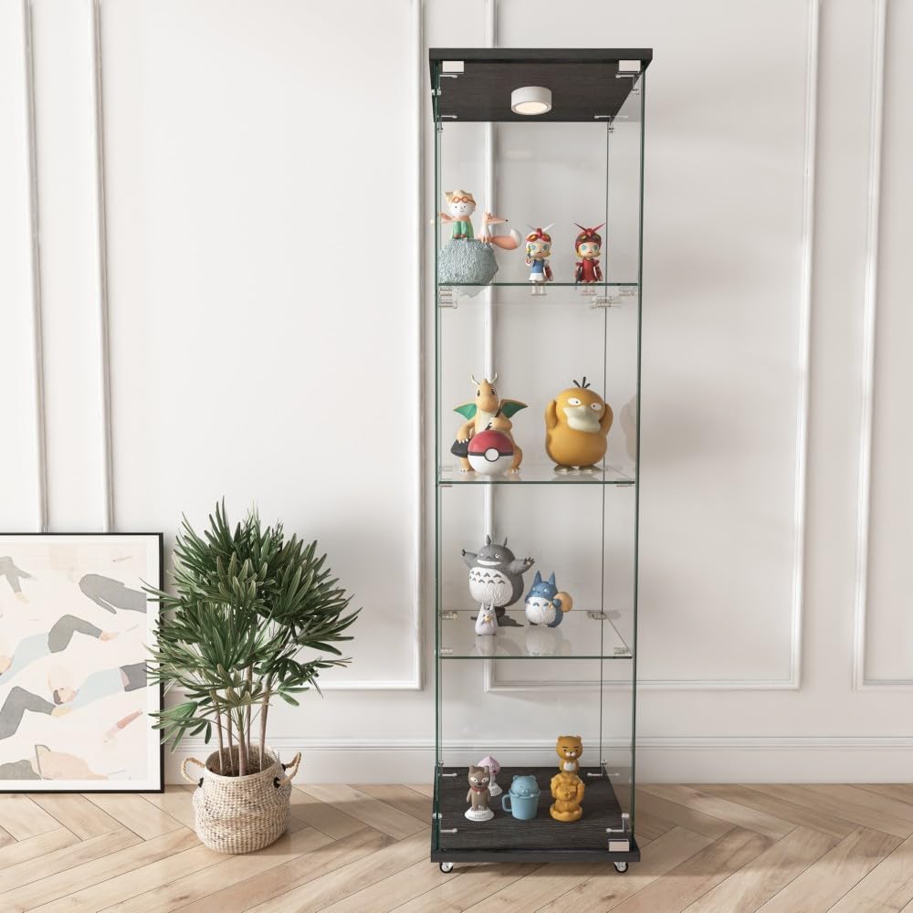 ya 28 10.13 baidi Tempered Glass Black Display Cabinet - LED Lights,1- 4-Shelf for Living Roo