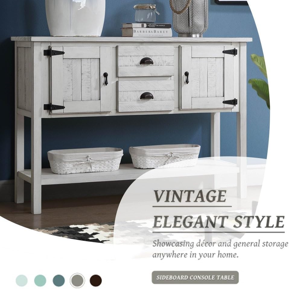 ya 28 10.13 baidi 48'' Solid Wood Sideboard - 2 Drawers+Cabinets+Bottom Shelf Antique White