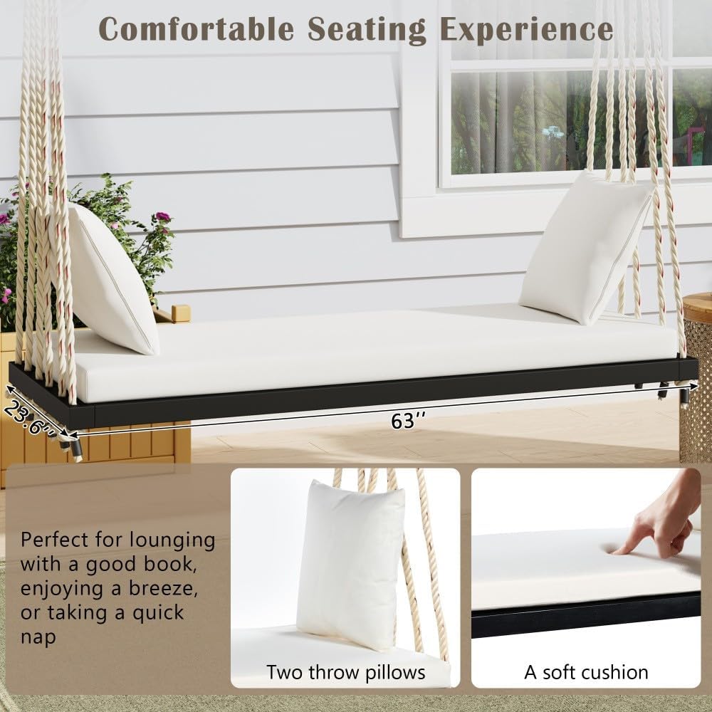 ya 28 10.13 baidi For Garden Black Patio Wooden Swing - W/Cushion&Pillows, 10.8Ft Hemp Ropes