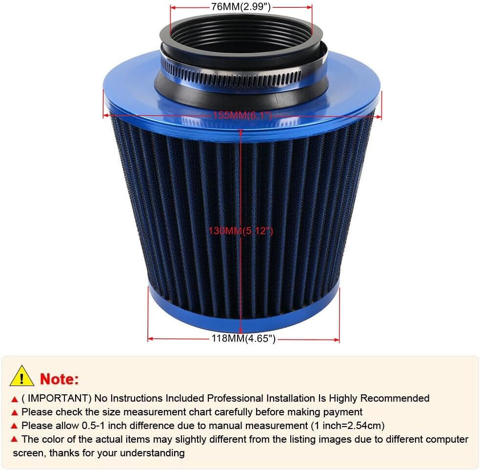 ya 13 9.15 baidi 3 76mm Inlet Car Truck Cold Air Intake Cone Replacement Dry Air Filter Blue