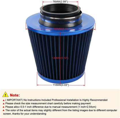 ya 13 9.15 baidi 3 76mm Inlet Car Truck Cold Air Intake Cone Replacement Dry Air Filter Blue