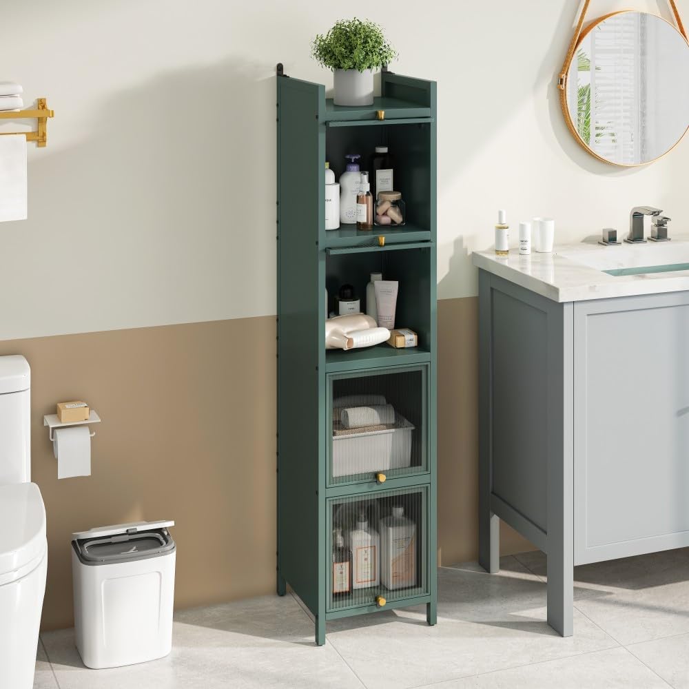 ya 28 10.13 baidi Modern Dark Green Four-tier Glass Cabinet,w/Five-tier Storage for Entryway