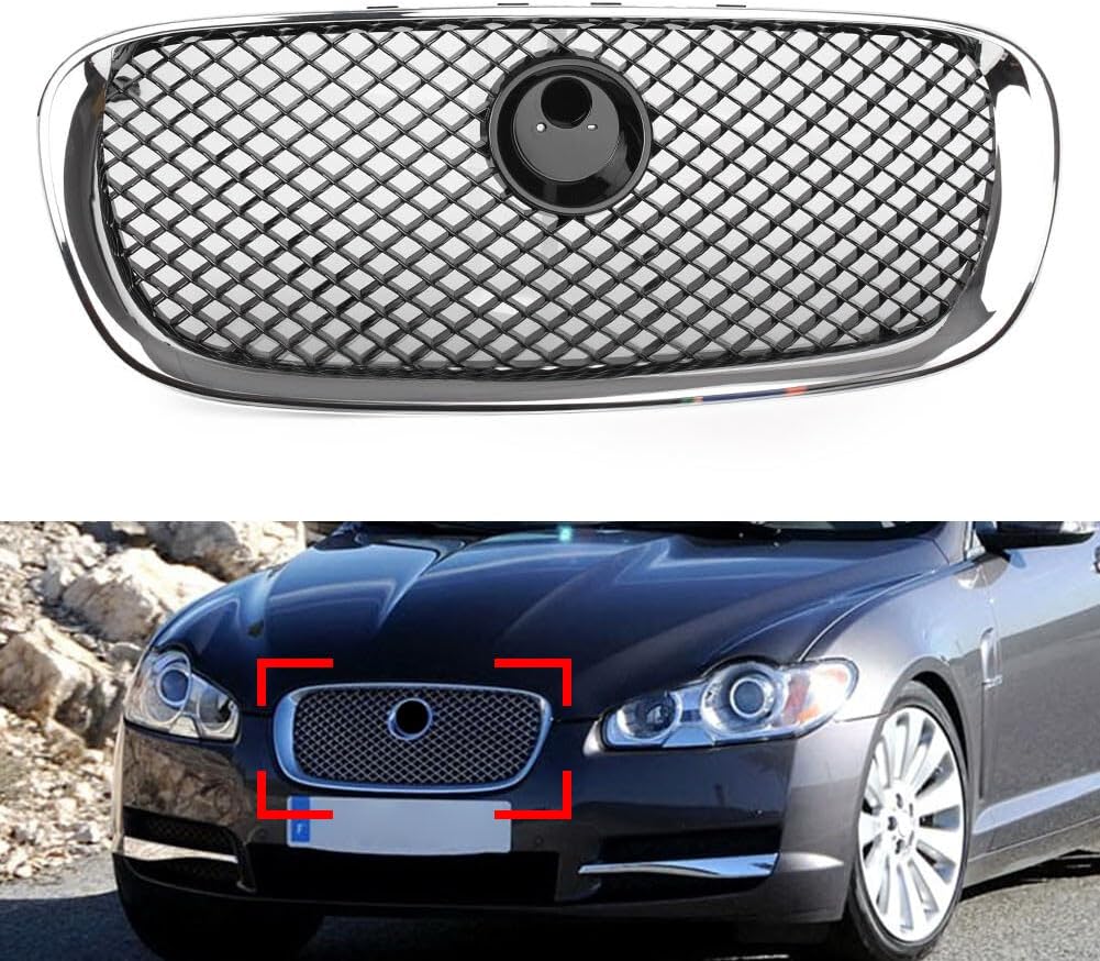 ya 2 8.15 1X Car Front Bumper Grille Grill Fit for Jaguar XF 2008-2011 2009 Chrome Black Mesh