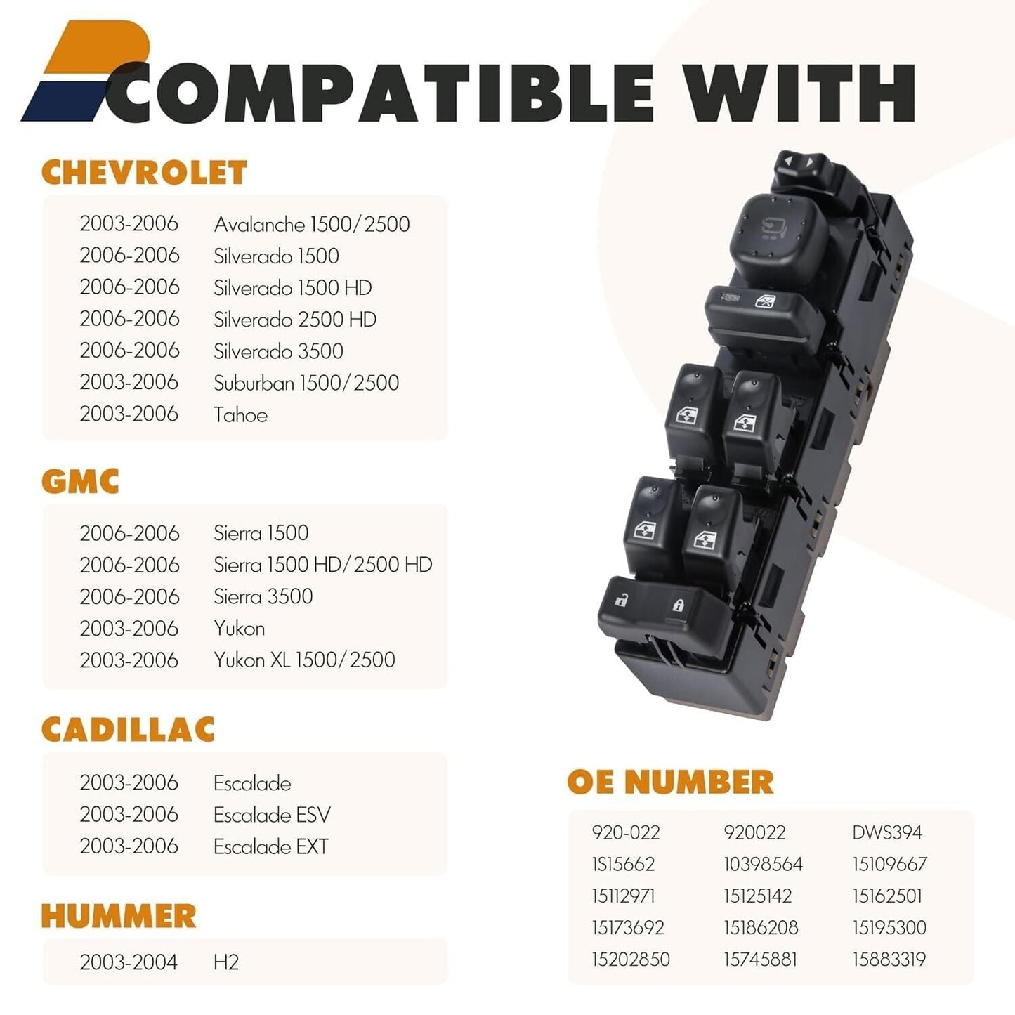 ya 8 8.24 baidi for Chevrolet for Silverado Front Drive Left Power Window Switch 15883319