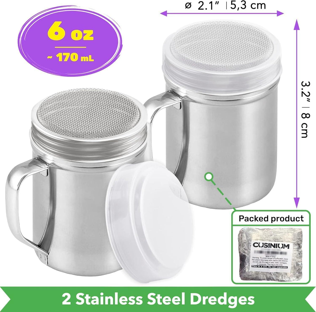 ya 14 9.20 baidi Powdered Sugar Shaker - with Handle - Fine Mesh - 6 oz, Pack of 2-1