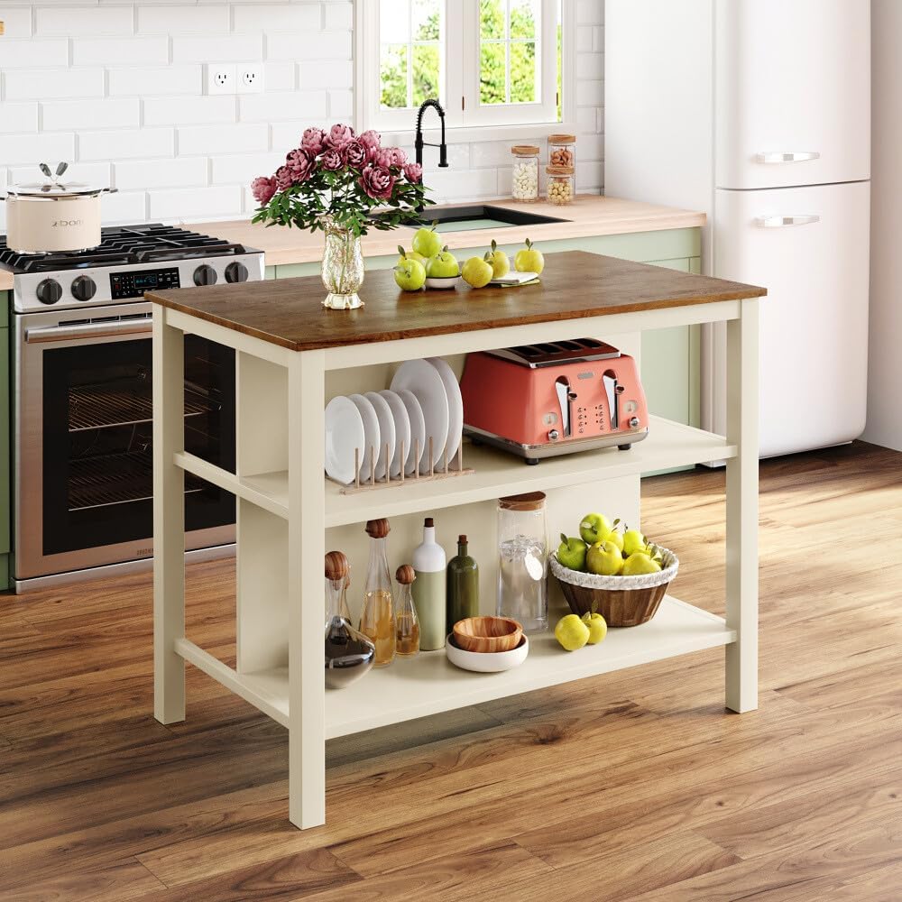 ya 28 10.13 baidi 45 Kitchen Island Rustic Solid Wood w/Rubberwood Butcher Block & 2 Open Sh