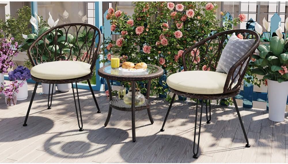 ya 28 10.13 baidi Rattan Patio 2 Chairs & Glass Round Table Set - For Balcony Courtyard