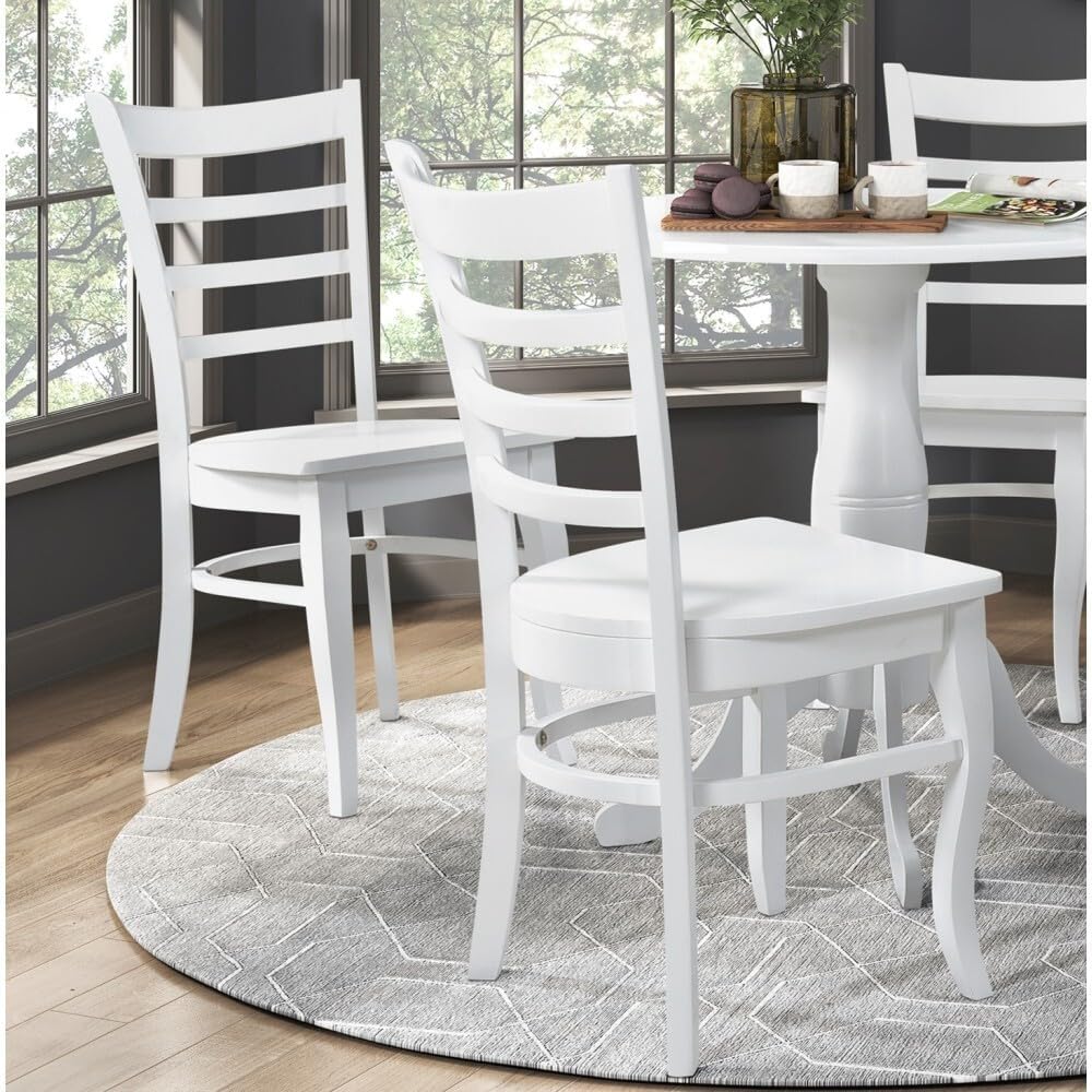 ya 28 10.13 baidi Farmhouse Dining Set 5pc,White Finish, Round Table w/4 Wooden Ladder-Back C