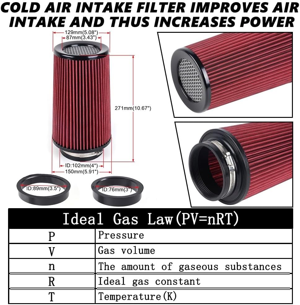 ya 13 9.15 baidi 3 3.5 4 Cold Air Intake Filter Inlet 3 Sizes in 1 10.5 Tall Universal Red