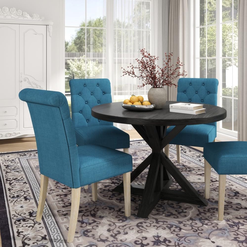ya 28 10.13 baidi Banff 5-piece Dining Set Blue, Cross-Buck Round Table 4 Tufted Chairs