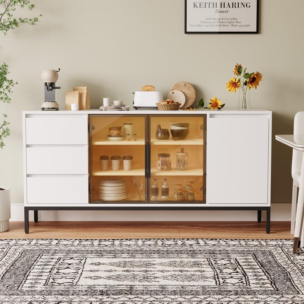 ya 28 10.13 baidi White Buffet Cabinet - Storage, Doors + 3 Drawers, Pantry/Console for Kitch