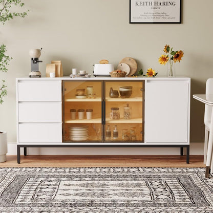 ya 28 10.13 baidi White Buffet Cabinet - Storage, Doors + 3 Drawers, Pantry/Console for Kitch