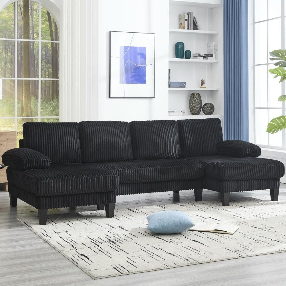 ya 28 10.13 baidi 4-Seat U-Shaped Sofa For Living Room - Oversized Seat, Double Chaise, Black