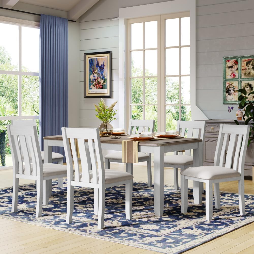 ya 28 10.13 baidi 7-Piece Dining Set Retro w/Extendable Table & 6 Upholstered Chairs - Brown+