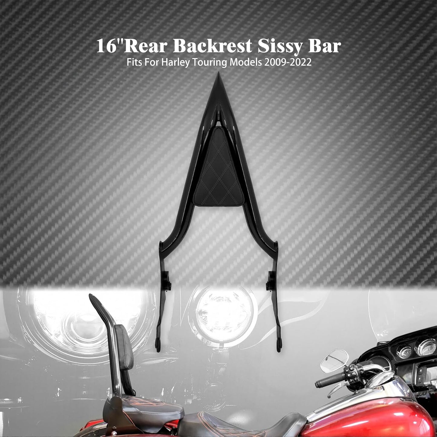 ya 6 8.24 baidi 16'' Detachable Rear Passenger Backrest Sissy Bar w/diamond pad Fit for Harley