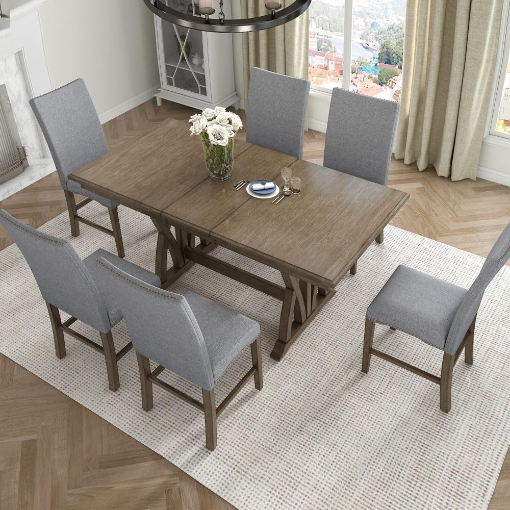 ya 28 10.13 baidi 7-Piece Solid Dining Set - Gray Cushion,Extendable Table (12 Leaf), 6 Chai