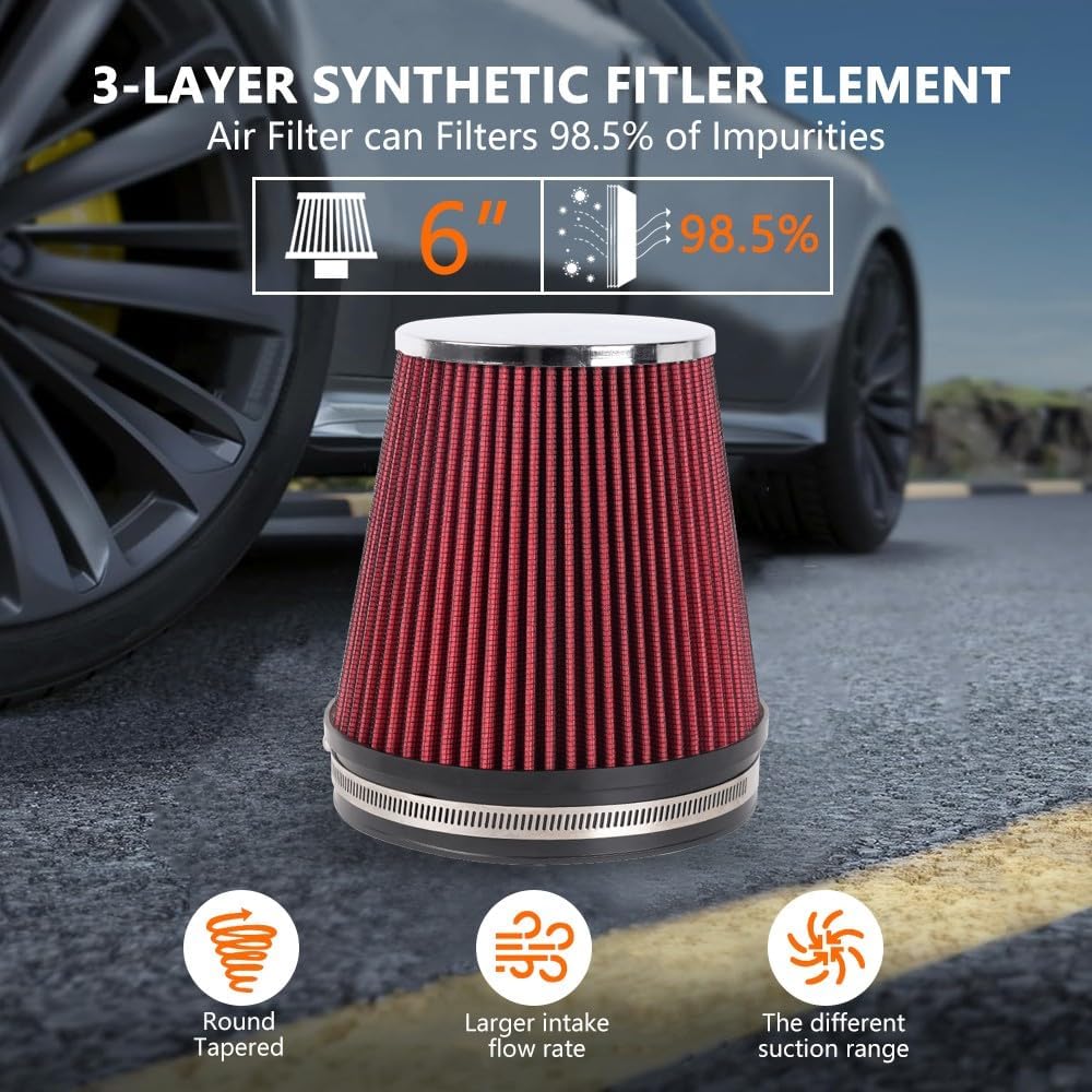ya 13 9.15 baidi 6 inch 152mm Short High Flow Inlet Cone Dry Filter Cold Air Intake 7 Tall Red