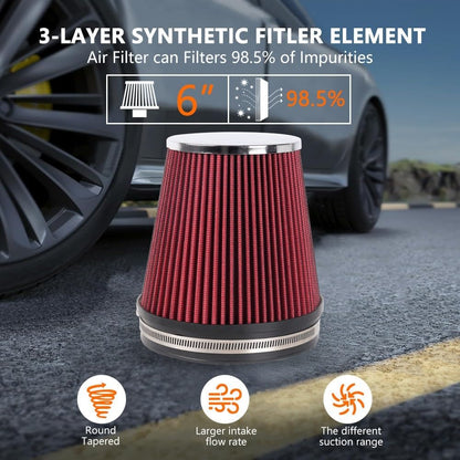 ya 13 9.15 baidi 6 inch 152mm Short High Flow Inlet Cone Dry Filter Cold Air Intake 7 Tall Red