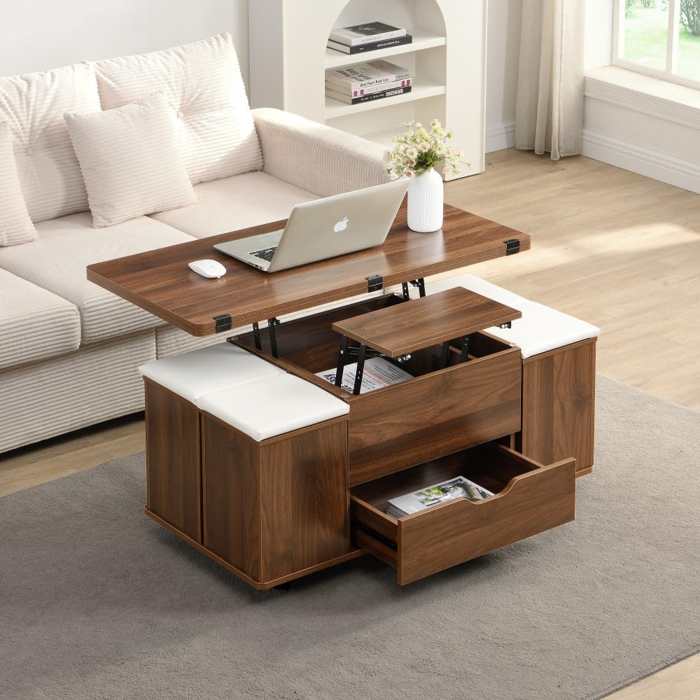ya 28 10.13 baidi Multi-Functional Lift- Walnut Coffee Table - Hidden Storage, 4 Stools,Caste