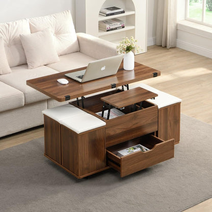 ya 28 10.13 baidi Multi-Functional Lift- Walnut Coffee Table - Hidden Storage, 4 Stools,Caste