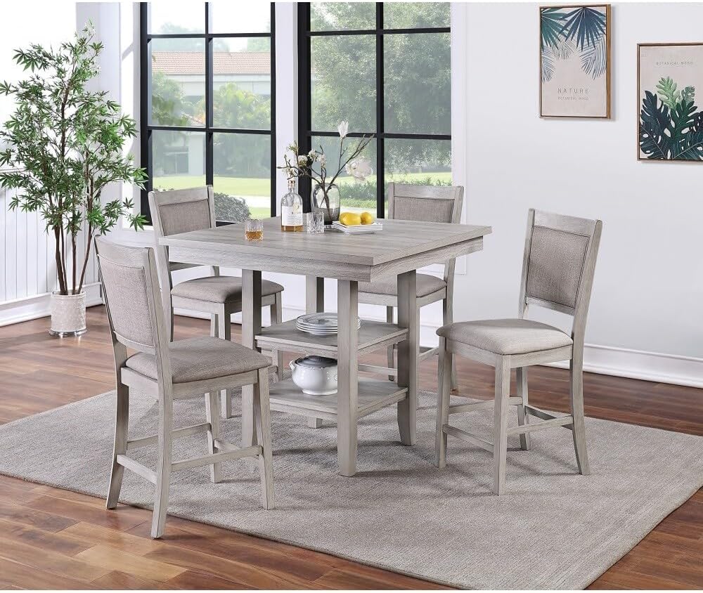 ya 28 10.13 baidi 5pc Counter Height Dining Set Grey, Square Table w/Shelves, Cushioned Chair